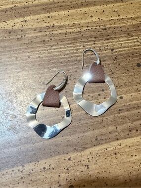 Brown Leather & Silver Hoop Drop Earrings Dangle Drop